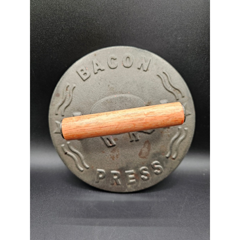Vintage Cast Iron Bacon Press Round Pig Design Wood Handle 7.5 Inch Grill Weight